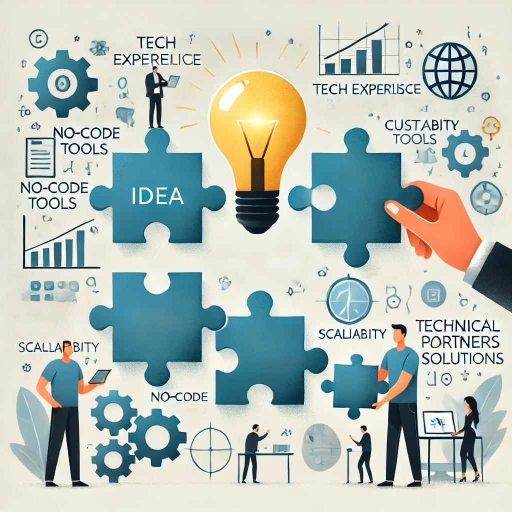 An illustration representing the collaboration between an entrepreneur and a technical partner, showing the entrepreneur developing an idea and the technical partner helping bring it to life. In the background, abstract shapes symbolize concepts like technical expertise and scalability.